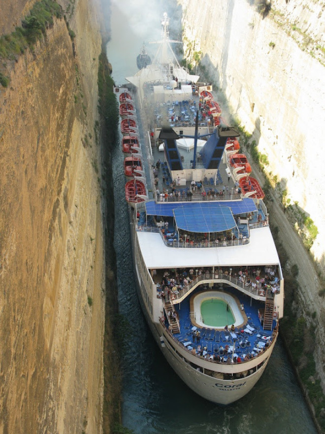 A Cruise Ship squeezes through the Corinth Canal in Greece