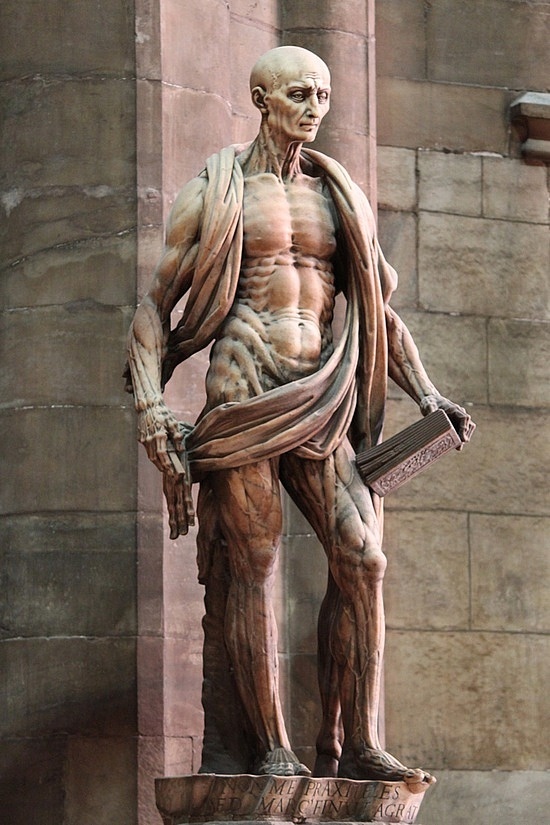 Statue of St Bartholomew, a Christian martyr, skinned and draped in his own pelt