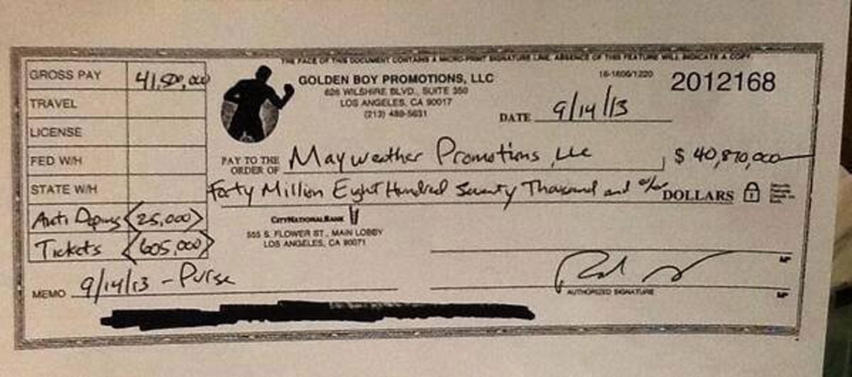 Floyd Mayweather's 40M check, "Floyd vs Canelo  2.5 Million PPV buys, fight grossed 136m in pay per view".