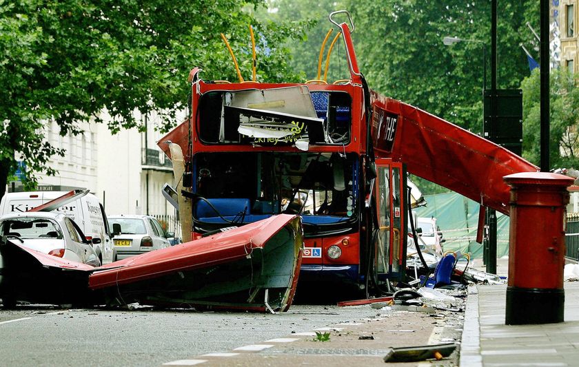 A bus blown apart by the 7th of July London bombings, which left 52 dead and 700 injured. 2005