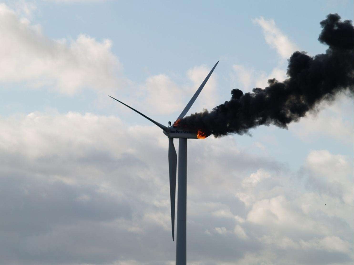 Two engineers died when the windmill they were working on caught fire. This happened on 29 of October in the Netherlands, "in Ooltgensplaat to be more precise". A crew of four was conducting routine maintenance to the 67 meter high turbine. They were in a gondola next to the turbine when a fire broke out. The fire quickly engulfed the only escape route the stairs in the shaft, trapping two of the maintenance crew on top of the turbine. One of them jumped down and was found in a field next to the turbine. The other victim was found by a special firefighter team that ascended the turbine when the fire died down a bit. The cause of the fire is unknown, but is believed to be a short circuit. Firefighters are fairly powerless to do anything to fight fires on wind turbines, and due to high costs maintenance crews have limited means and training to escape an emergency situation.
