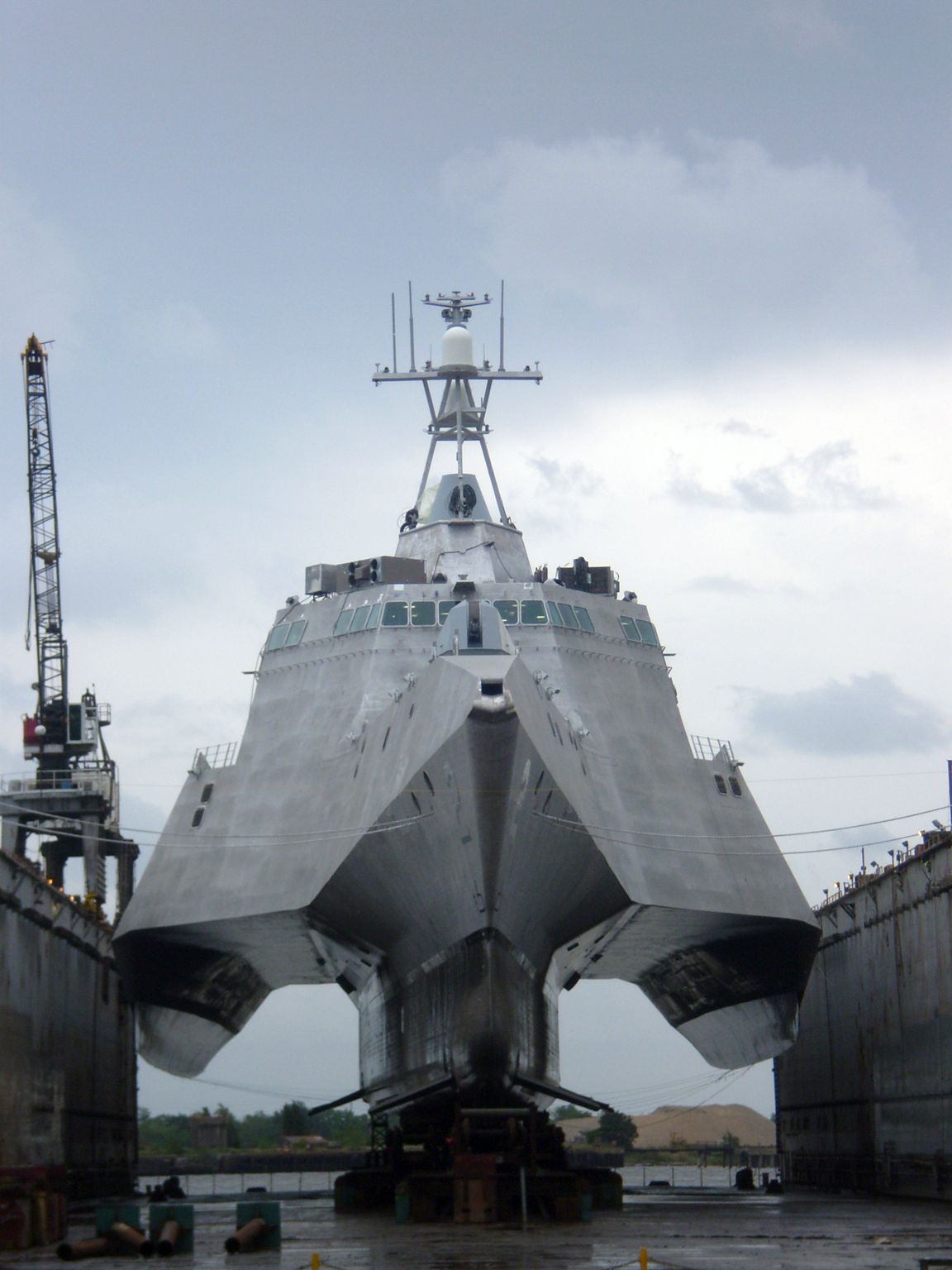 USS Independence,"CS-2"in dry dock shows off her unique trimaran hull.