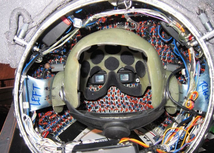 Inside the deadmau5 LED helmet. Darth Vader would be jealous.