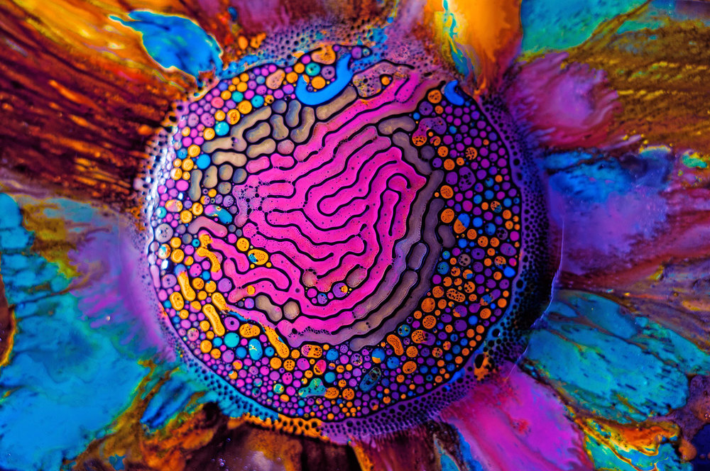 Ferrofluid is a magnetic, hydrophobic liquid that forms colorful curves and channels when deposited onto a magnet and injected with watercolor paints