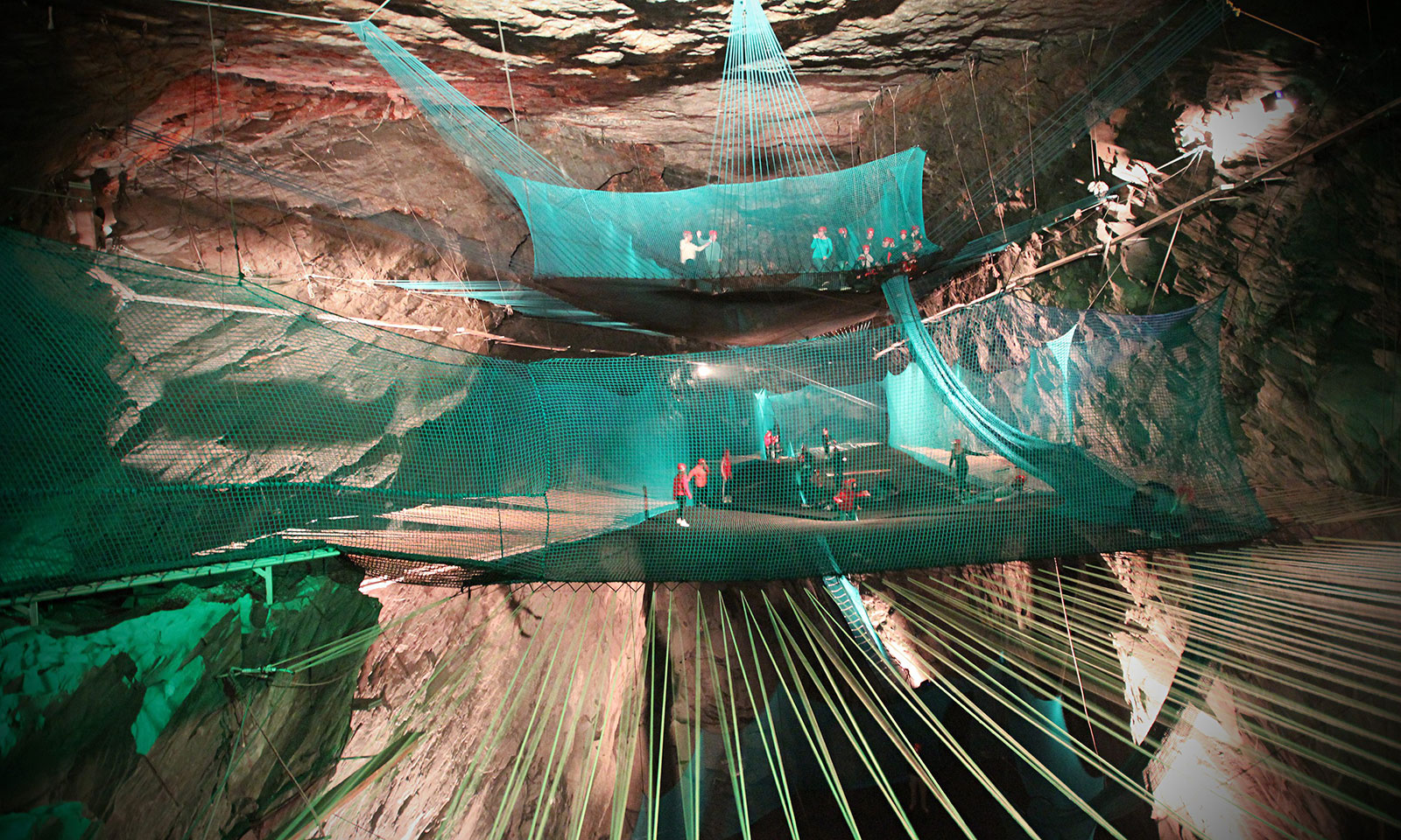 World's largest underground trampoline in an enormous cavern at a Welsh slate mine.