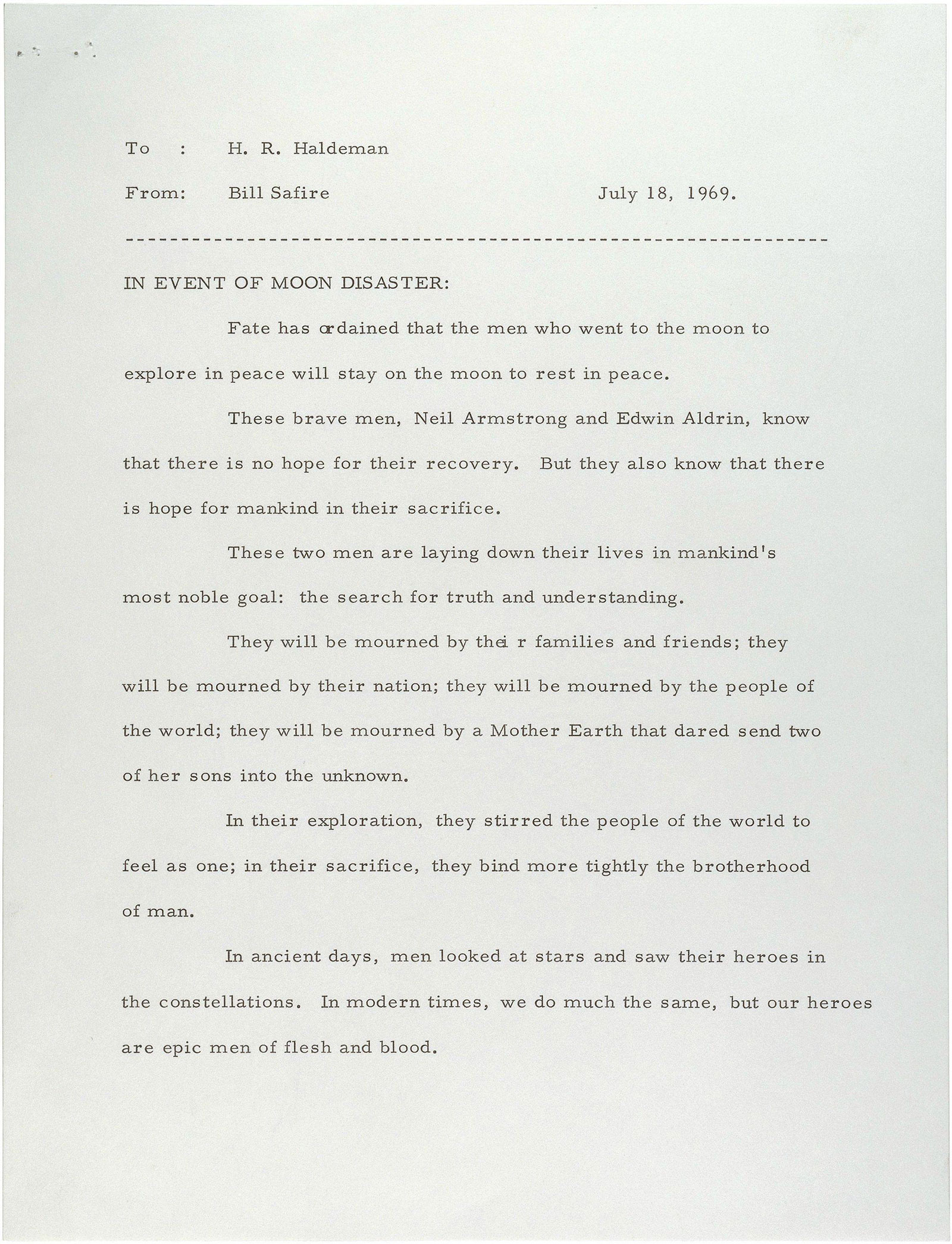 The official statement by President Nixon to be read in case the astronauts were stranded on the Moon  July 18, 1969