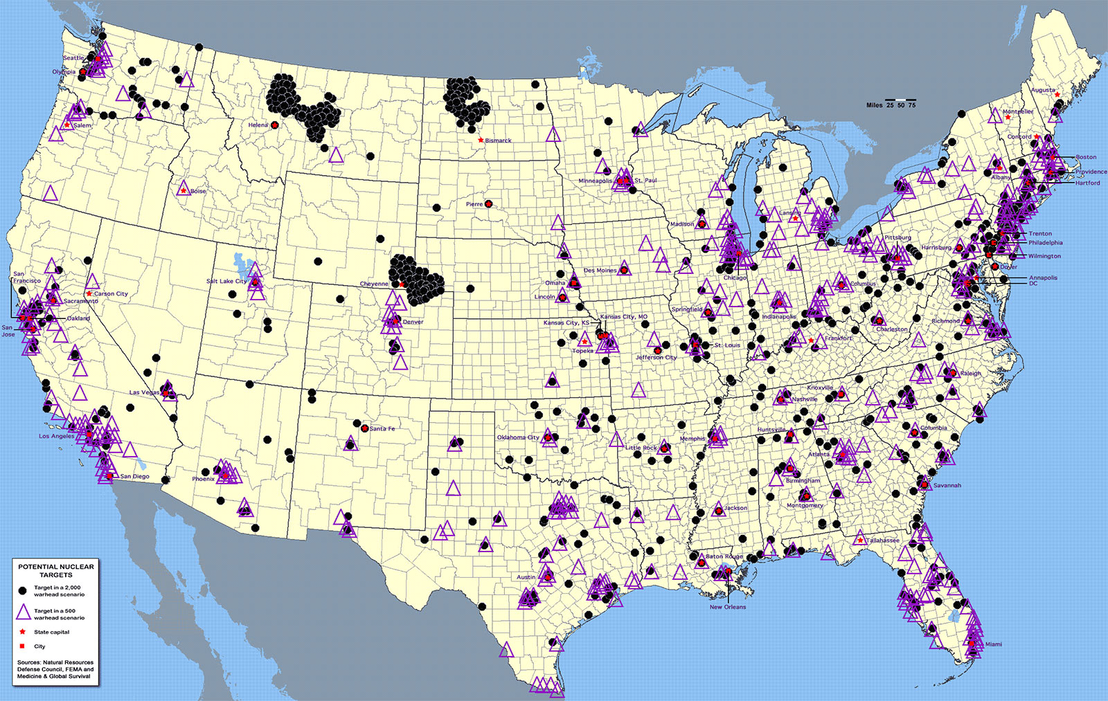 A map of the potential targets for nuclear strikes on the US