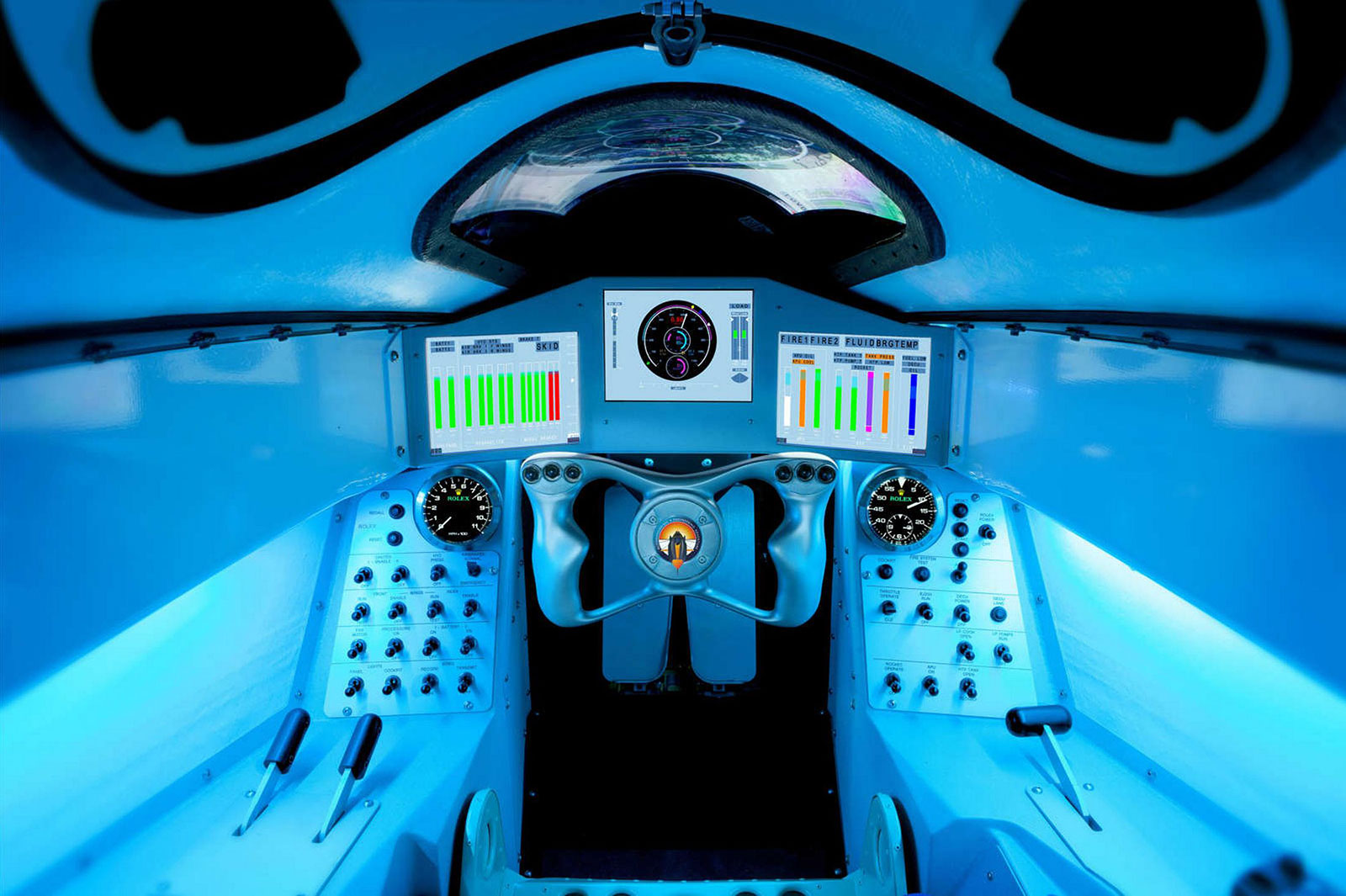 The new cockpit interior of the Bloodhound SSC, the British rocket and jet-powered supersonic car. It will attempt to reach a speed of 1000mph in a South African desert