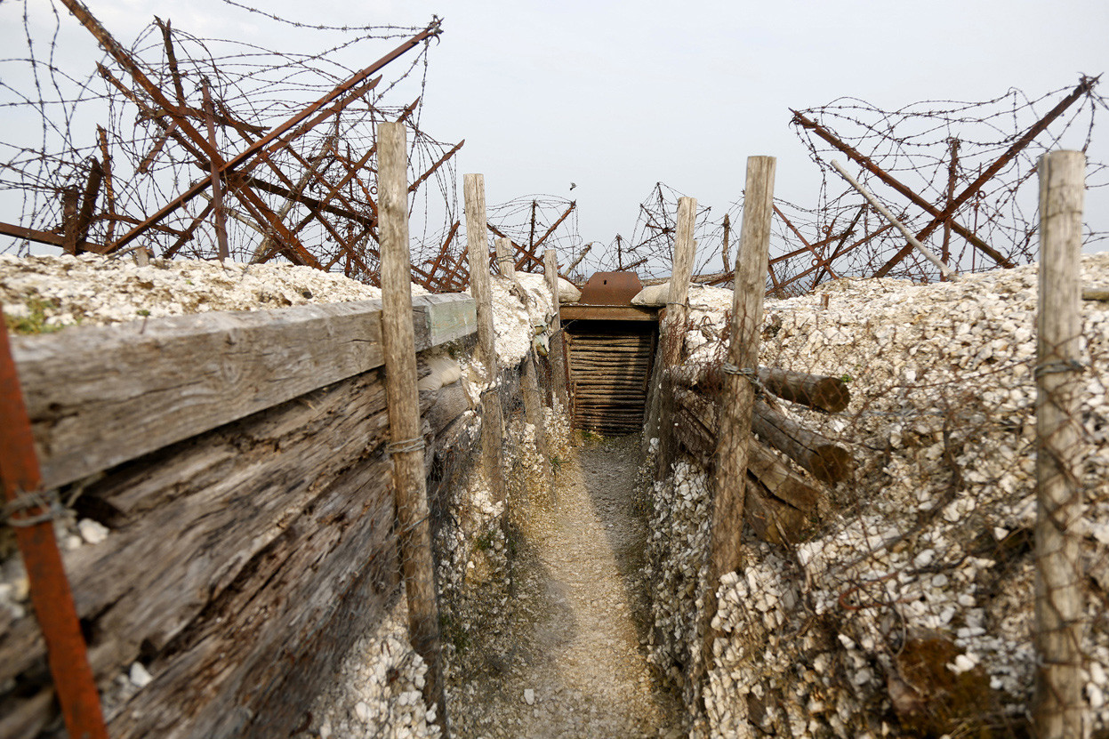 Inside view of a WWI trench at Massiges, northeastern France, on March 28, 2014. During trench restoration works, in the last two years, the Main de Massiges Association has found seven bodies of WWI soldiers.