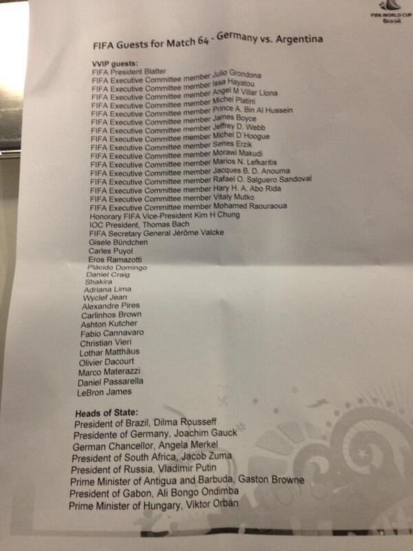 FIFA's guest list for the final
