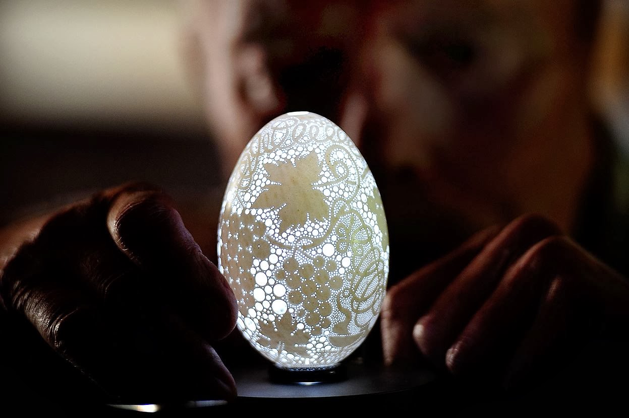 Eggshell with more than 2,000 holes drilled in it, Franc Grom