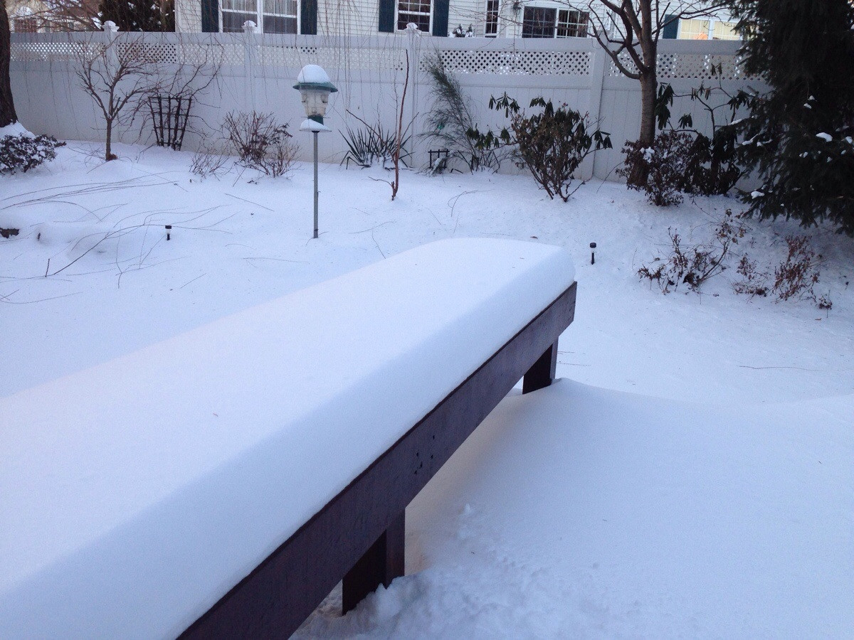 A patch of snow that replicated the bench it was on top of.
