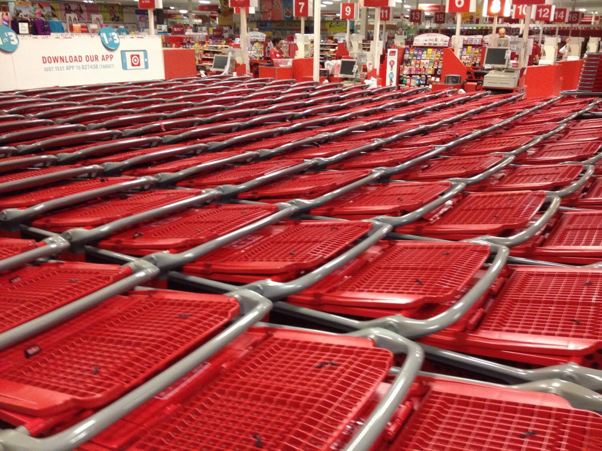 Shopping carts stacked together nicely.