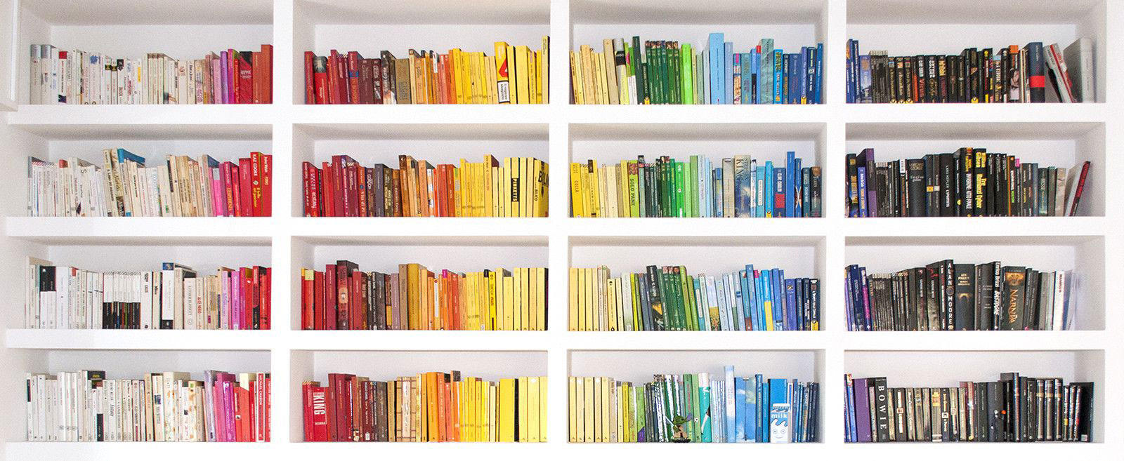 A color-coded rainbow bookshelf.