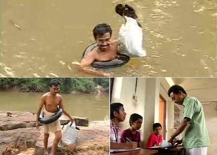 This dedicated school teacher swims through a river everyday to reach to his students in India.