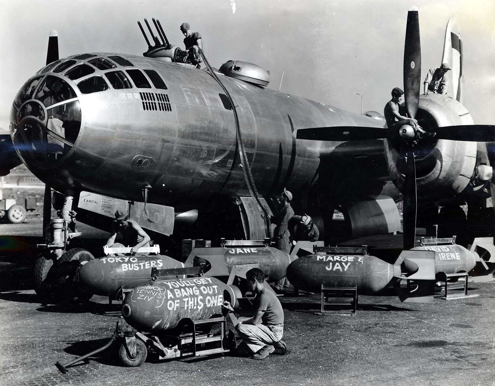 Loading a B-29 prior to a raid on Tokyo, 1945.