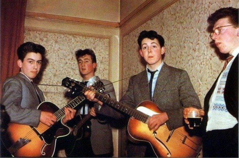 The Beatles in 1957. George Harrison is 14, John Lennon is 16, and Paul McCartney is 15.