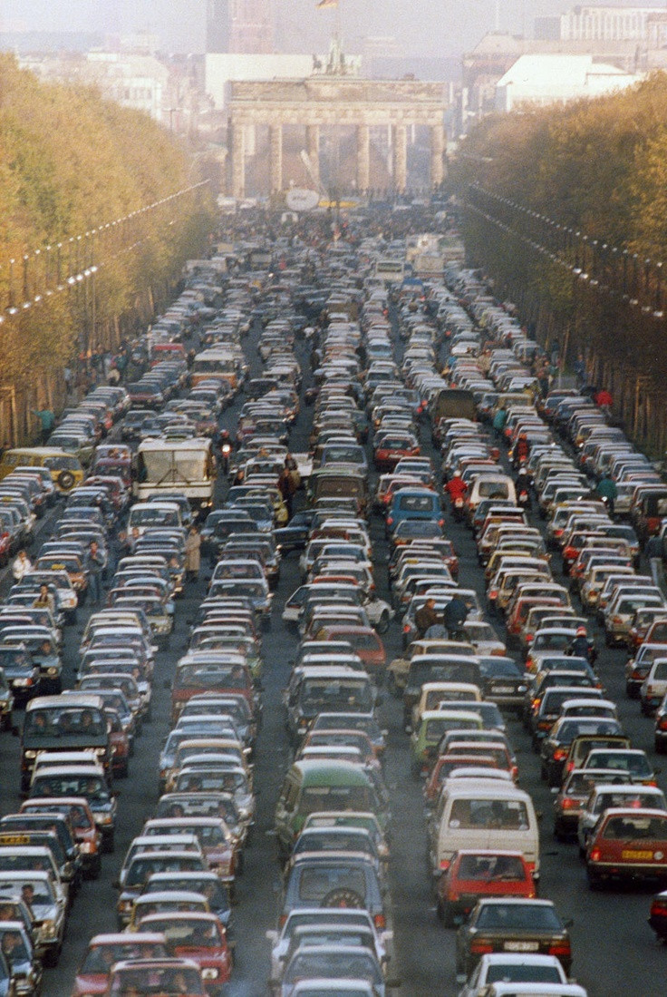 Traffic Jam near the Brandenburg Gate as thousands of East Germans move into West Berlin on the first Saturday after the fall of the Berlin Wall. November, 1989.