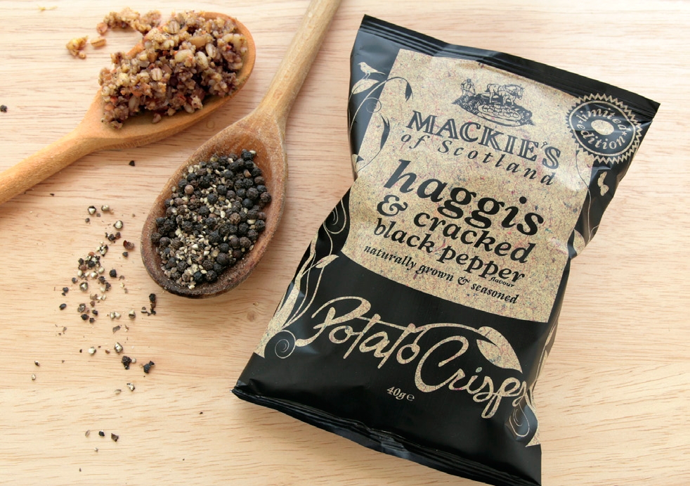 Haggis and black pepper chips in Scotland.