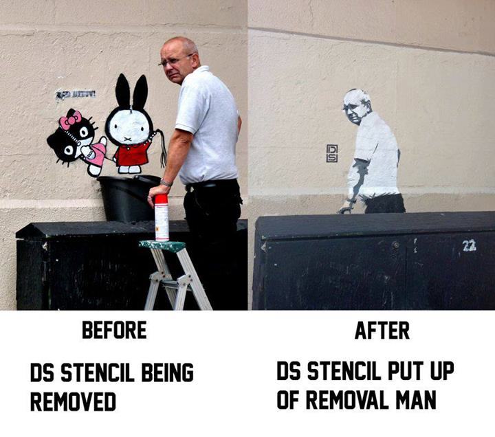 graffiti removal guy comes back to discover - 292 V! Op Before Ds Stencil Being Removed After Ds Stencil Put Up Of Removal Man