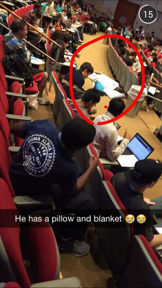 sleeping in lecture - 15 He has a pillow and blanket