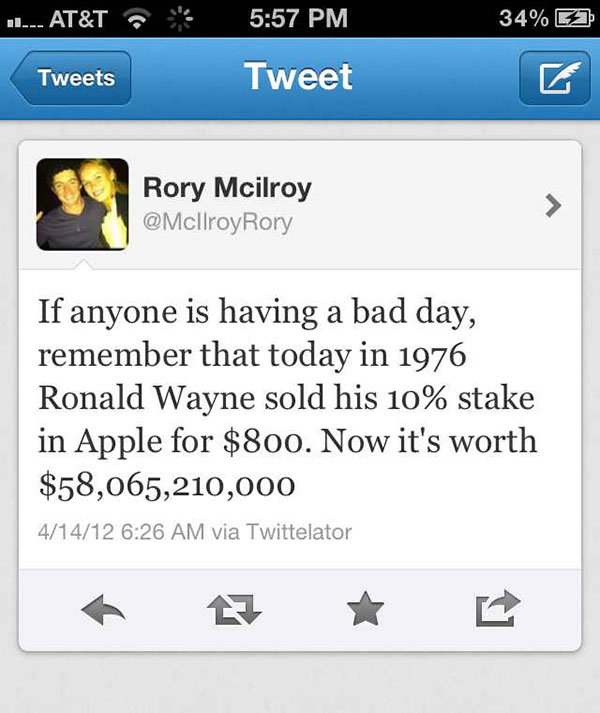 funny quotes if your having a bad day - ...... At&T 34% 2 Tweets Tweet Rory Mcilroy Rory If anyone is having a bad day, remember that today in 1976 Ronald Wayne sold his 10% stake in Apple for $800. Now it's worth $58,065,210,000 41412 via Twittelator