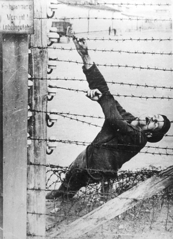 Auschwitz, Poland, 1943: an inmate who committed suicide on the electrified fence.