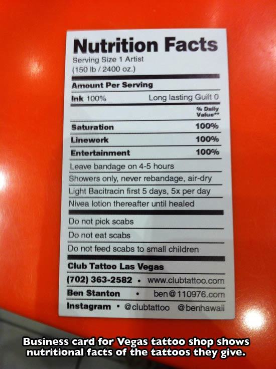 nutrition facts - Nutrition Facts Serving Size 1 Artist 150 lb 2400 oz. Amount Per Serving Ink 100% Long lasting Guilt o 4 Daily Value Saturation 100% Linework 100% Entertainment 100% Leave bandage on 45 hours Showers only, never rebandage, airdry Light B