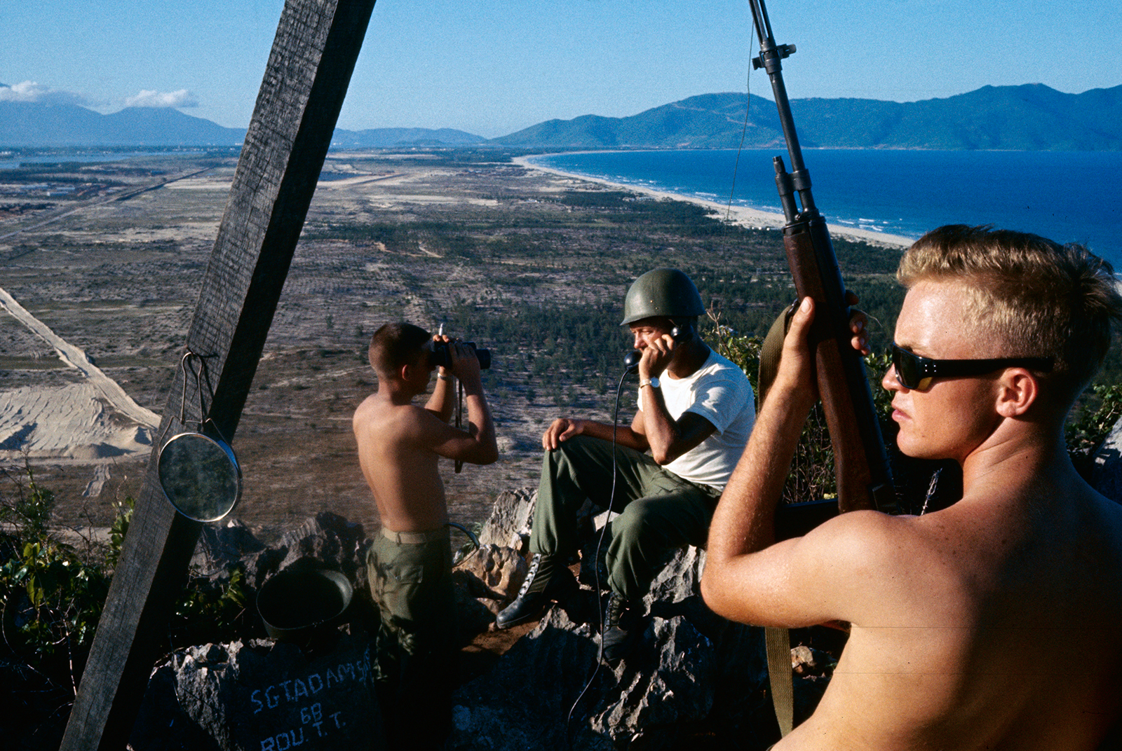 American soldiers in Vietnam keep a lookout over Da Nang airforce base on November 1, 1965