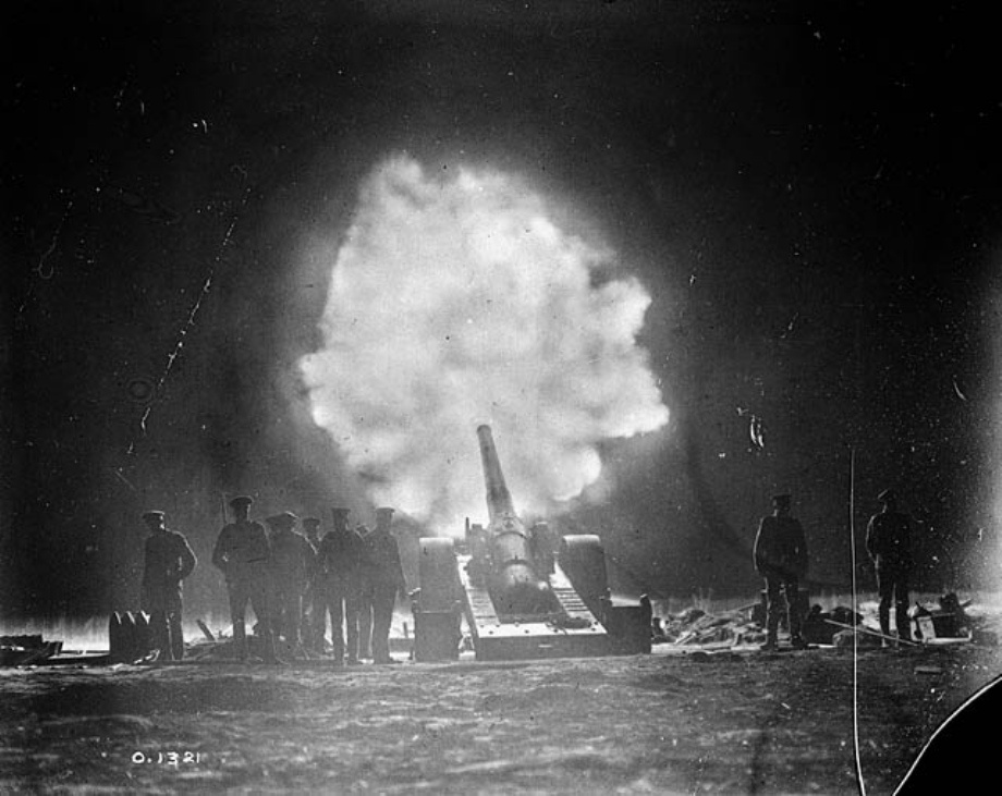 Canadian artillery firing during the night at Vimy Ridge, 1917