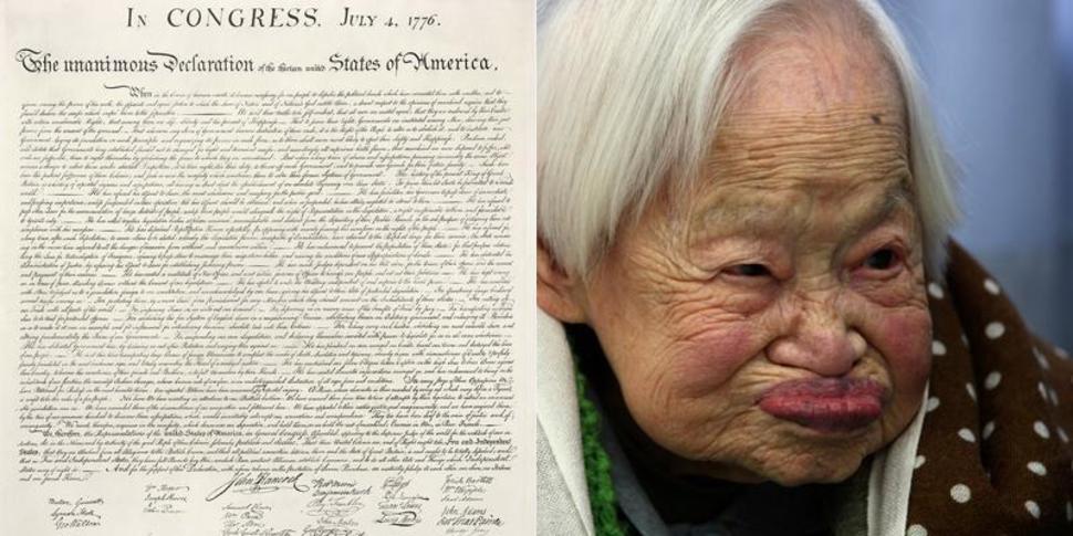 The oldest living person's birth is closer to the signing of the Constitution than present day- Misao Okawa was born in 1898, an astonishing 116 years ago. The Constitution was signed in 1787, which makes her life 4 years closer to the historic Philadelphia convention than to today.