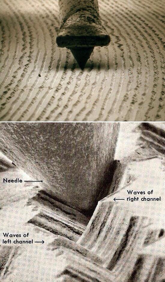 A look at vinyl record grooves at around 1000x magnification. You can see the waveforms of the music itself.