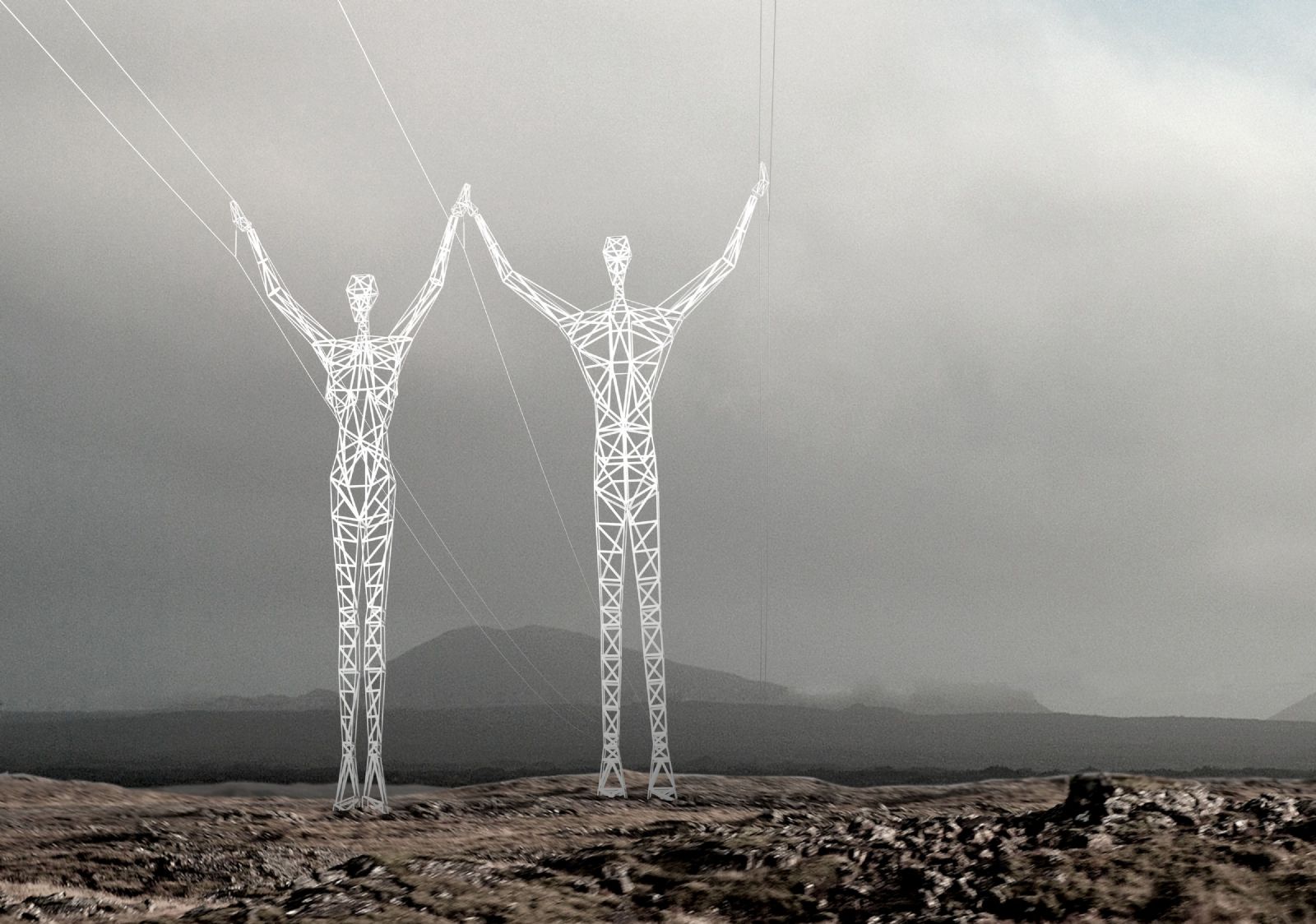 The Land of the Giants  Electrical pylons transformed into statues walking along the Icelandic landscape.