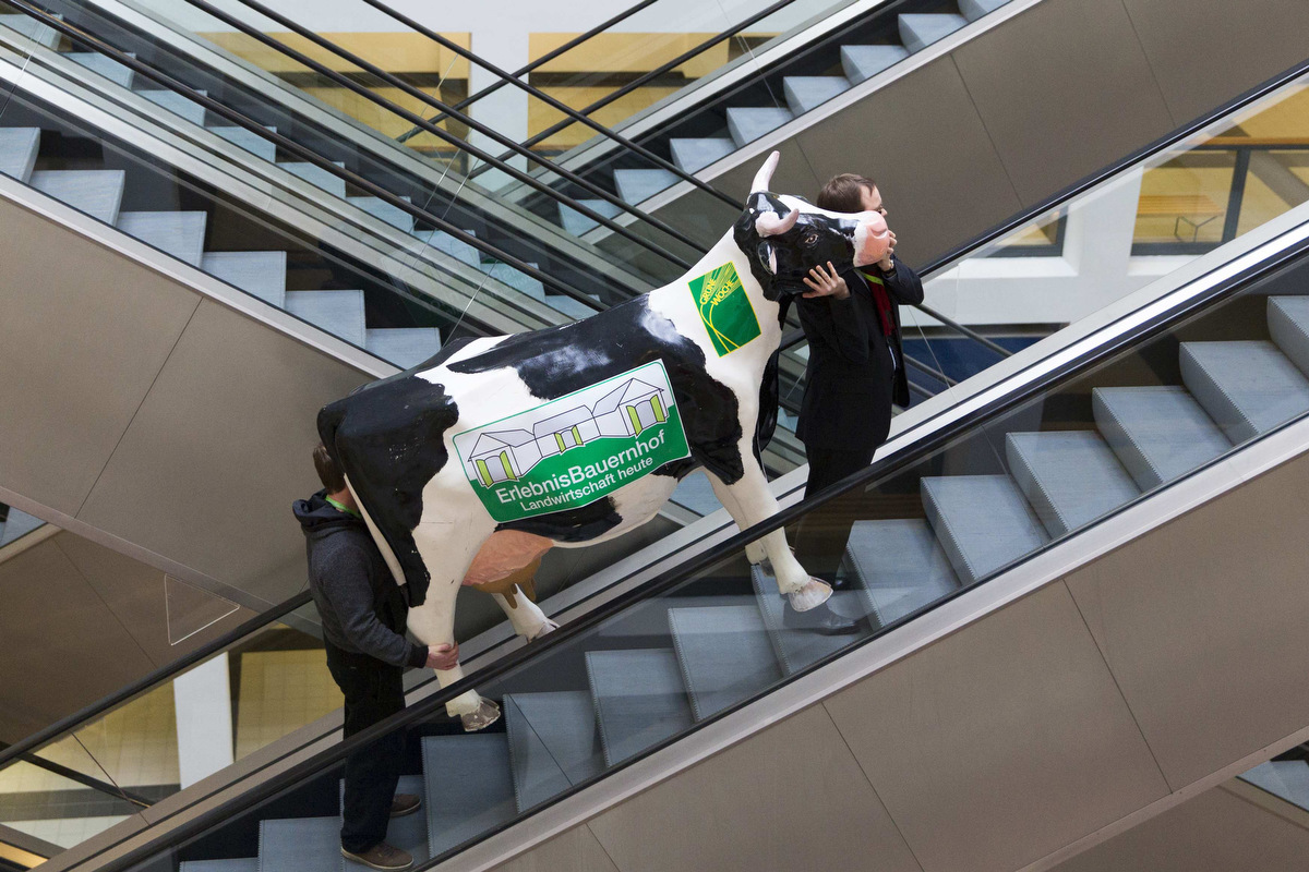 Men carry a fake cow while riding an escalator during preparations for the Green Week food, agriculture, and horticulture fair in Berlin on Jan. 15.