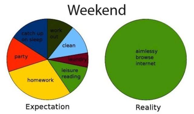 memes  -diagram - Weekend work catch up on sleep out clean party aimlessy browse internet leisure reading homework Expectation Reality