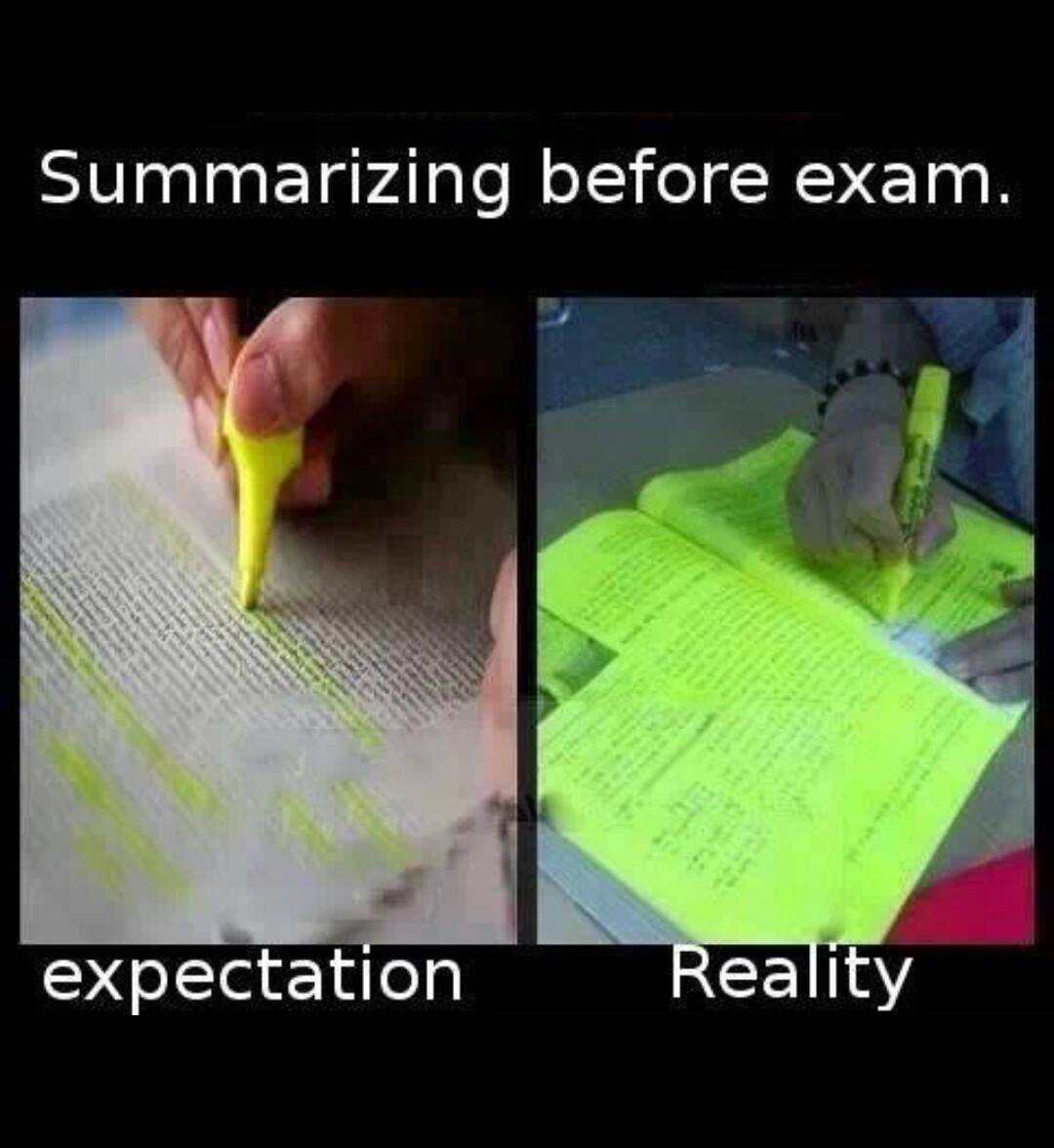 memes  -jokes on english exams - Summarizing before exam. expectation Reality