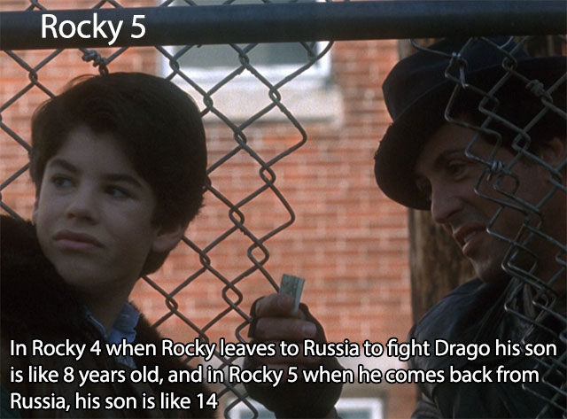 rocky 5 - Rocky 5 In Rocky 4 when Rocky leaves to Russia to fight Drago his son is 8 years old, and in Rocky 5 when he comes back from Russia, his son is 14