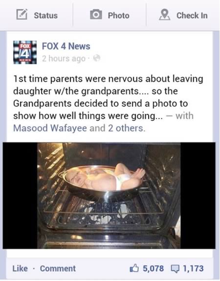 grandparent fails - Status Photo Check In Box Fox 4 News 2 hours ago 1st time parents were nervous about leaving daughter wthe grandparents.... so the Grandparents decided to send a photo to show how well things were going... with Masood Wafayee and 2 oth