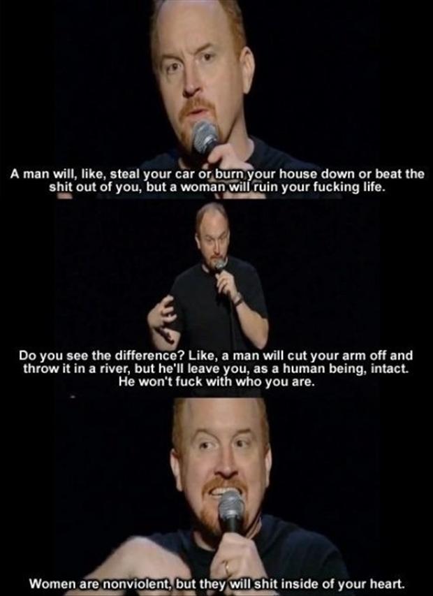 louis ck men women - A man will, , steal your car or burn your house down or beat the shit out of you, but a woman will ruin your fucking life. Do you see the difference? , a man will cut your arm off and throw it in a river, but he'll leave you, as a hum