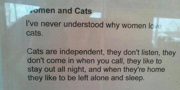 women and cats - omen and Cats I've never understood why women love cats. Cats are independent, they don't listen, they don't come in when you call, they to stay out all night, and when they're home they to be left alone and sleep.