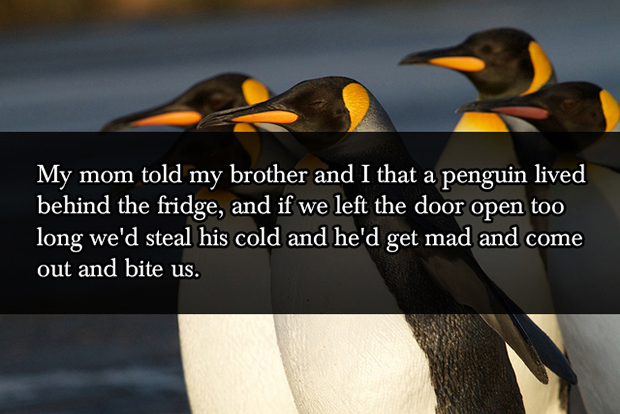 lies that parents tell us - My mom told my brother and I that a penguin lived behind the fridge, and if we left the door open too long we'd steal his cold and he'd get mad and come out and bite us.