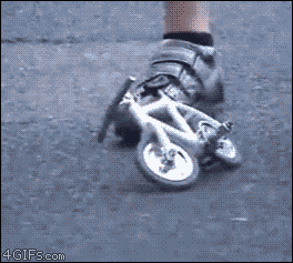 Here is a tiny bicycle, which is hard to ride, but a boy is riding it efficiently. You can see in the gif image, which has been collected from: http://funbench.com/a-boy-riding-worlds-smallest-bicycle-funny-bikes/