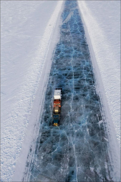 Ice RoadAnatomy of an Ice Road  The depression made by a loaded truck starts the wave moving under the ice. As long as the truck doesnt catch up to the wave it created, the stress on the ice should be acceptable.