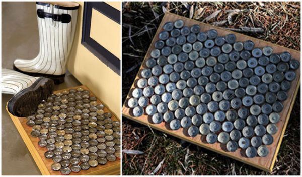 Glue bottlecaps upside down on a board to use as a door mat.