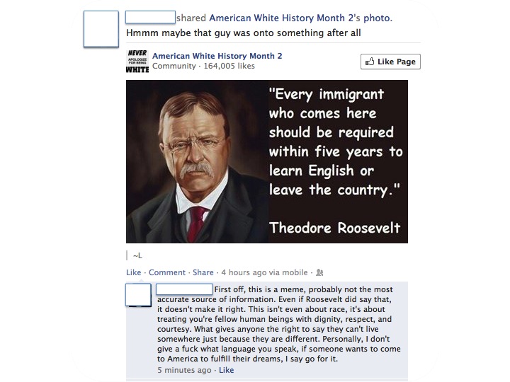 Some dude on Facebook posted a racist meme, and someone replies to him. Epic fail for the racist