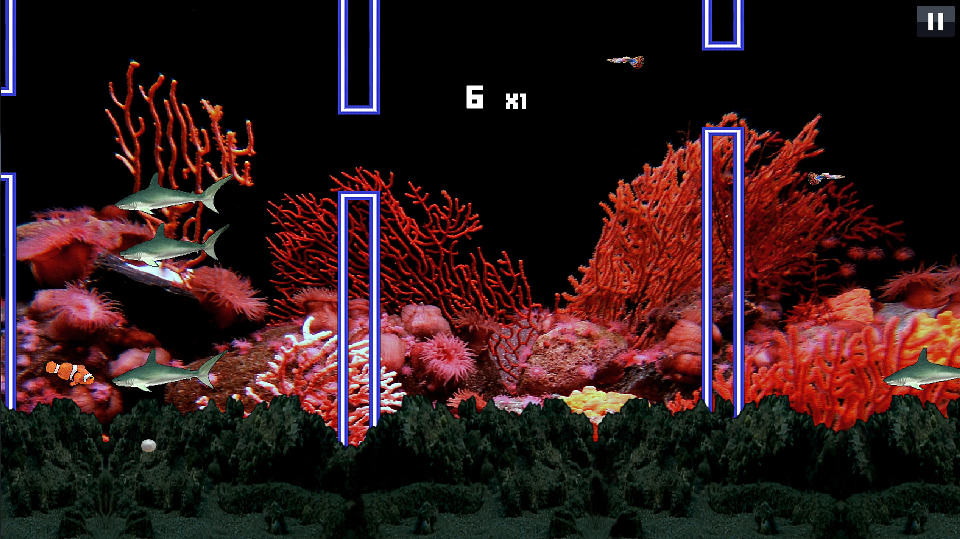 Game screen, showing Coco about to get eaten whilst trying to collect a pearl.