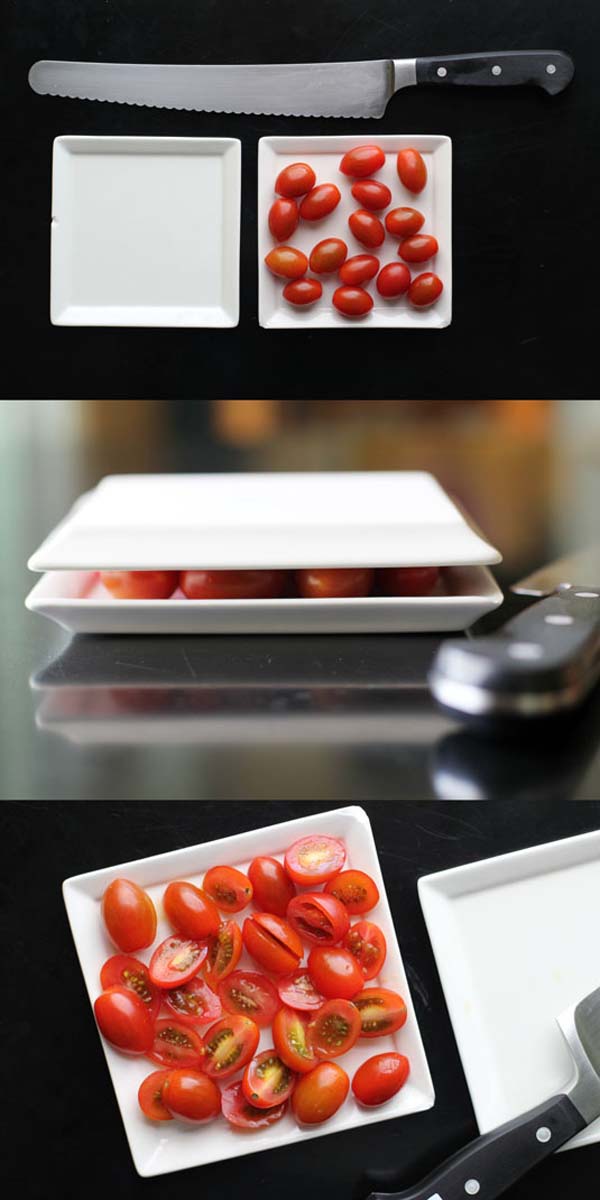Use two plates to cut cherry tomatoes in half.