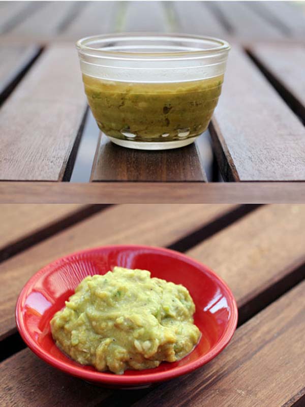 To keep leftover guacamole from turning brown, put it in a container and then slowly add water to the top. That stops the guac from reacting with the oxygen. When you want to eat it, just pour the water out.