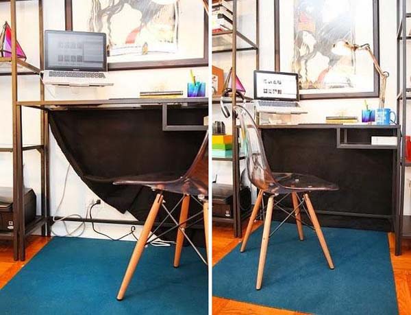 Use a desk curtain to hide messy cords.