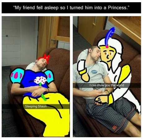 snapchat funny snapchats of people sleeping - "My friend fell asleep so I turned him into a Princess." I can show you the world Sleeping Shaun